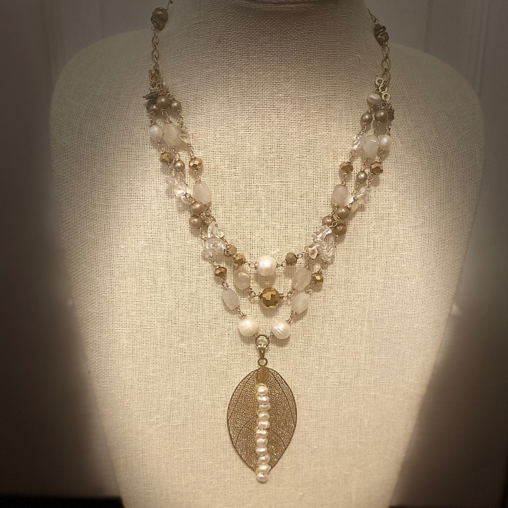 Handmade Leaf Iliana Leyba Handmade Gold and Pearl Triple Layer Necklace
